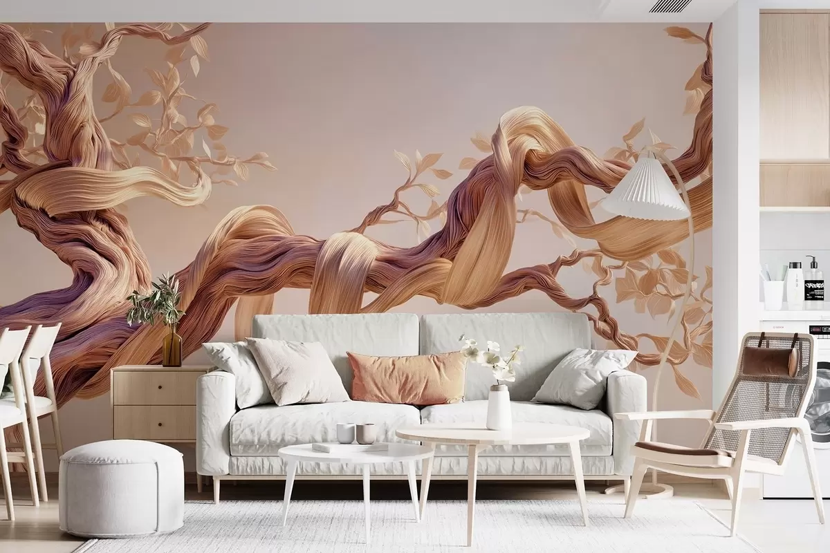 Papier peint Tronc d'arbre torsadé avec feuilles décoratives w09360