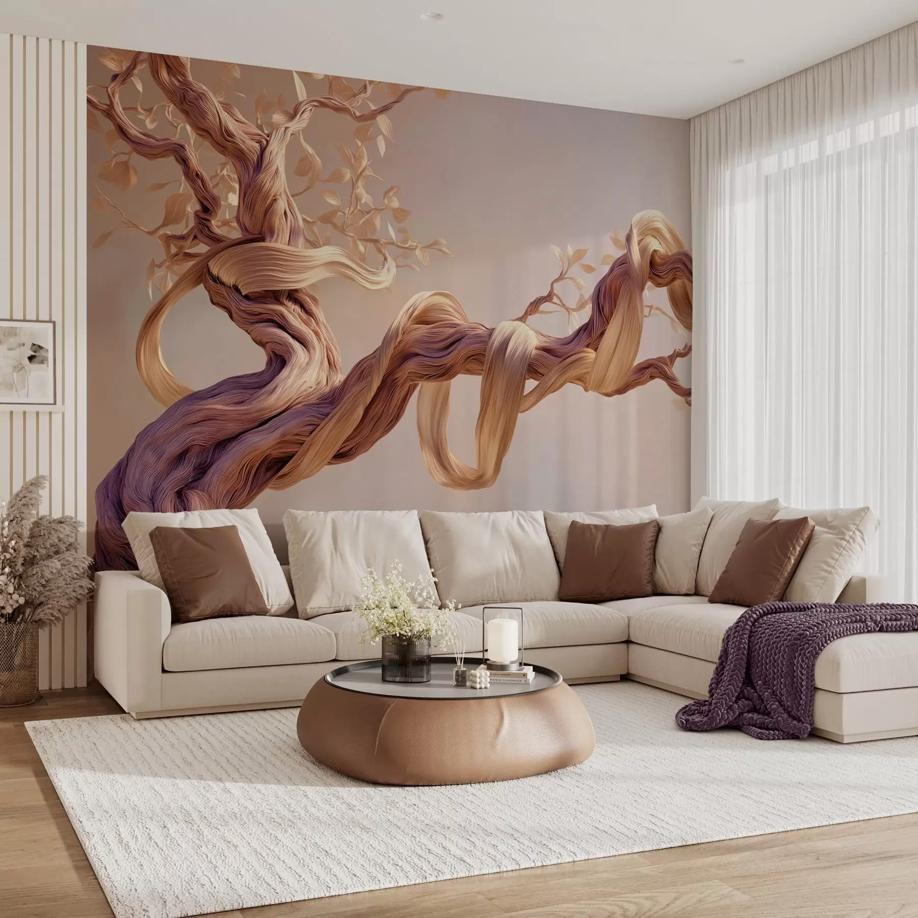 Papier peint Tronc d'arbre torsadé avec feuilles décoratives w09360