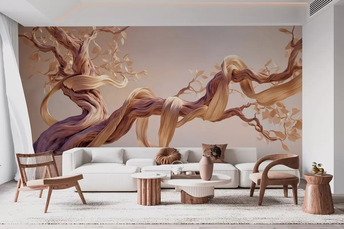 Papier peint Tronc d'arbre torsadé avec feuilles décoratives w09360