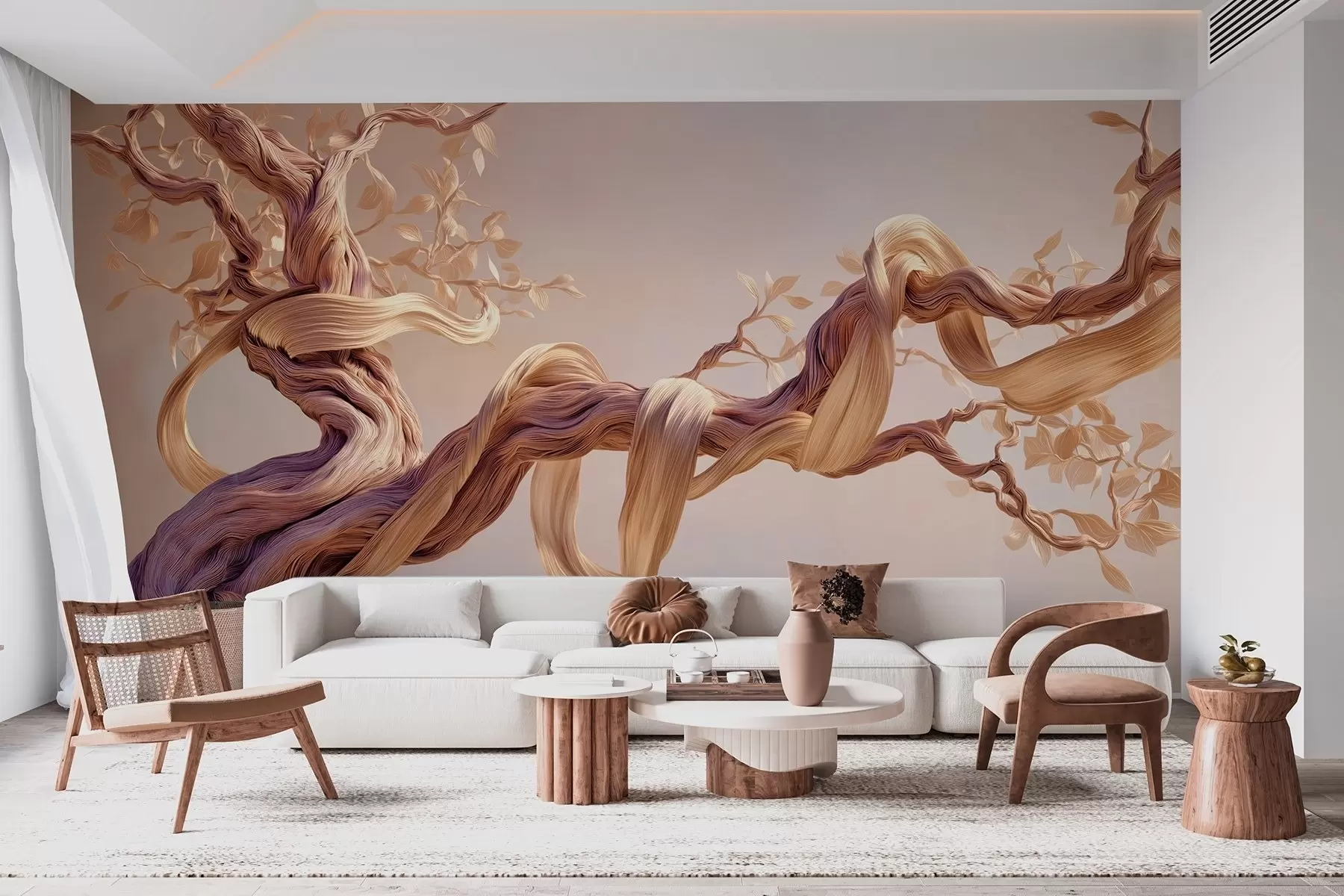 Papier peint Tronc d'arbre torsadé avec feuilles décoratives w09360