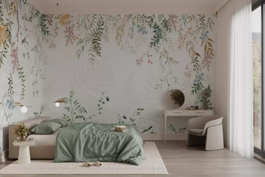 Papier peint Illustration botanique avec des fougères, de l'herbe et des plantes suspendues, tons pastel, sur fond blanc style aquarelle texturée w09364
