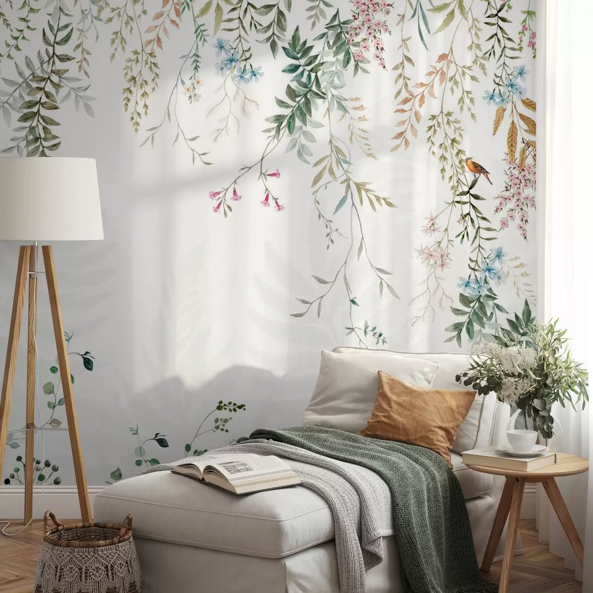 Papier peint Illustration botanique avec des fougères, de l'herbe et des plantes suspendues, tons pastel, sur fond blanc style aquarelle texturée w09364