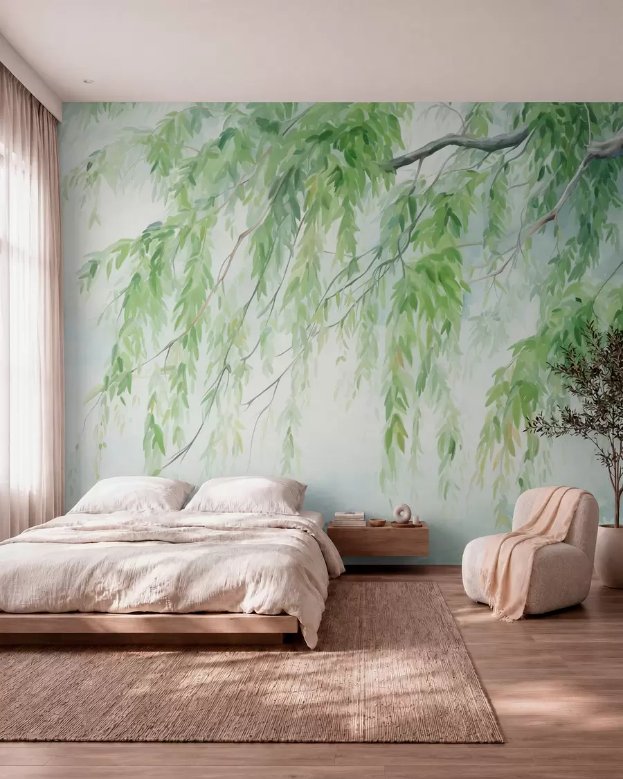 Papier peint Branches de saule pleureur avec feuilles vertes pendantes, coups de pinceau doux et délicats, style aquarelle w09365