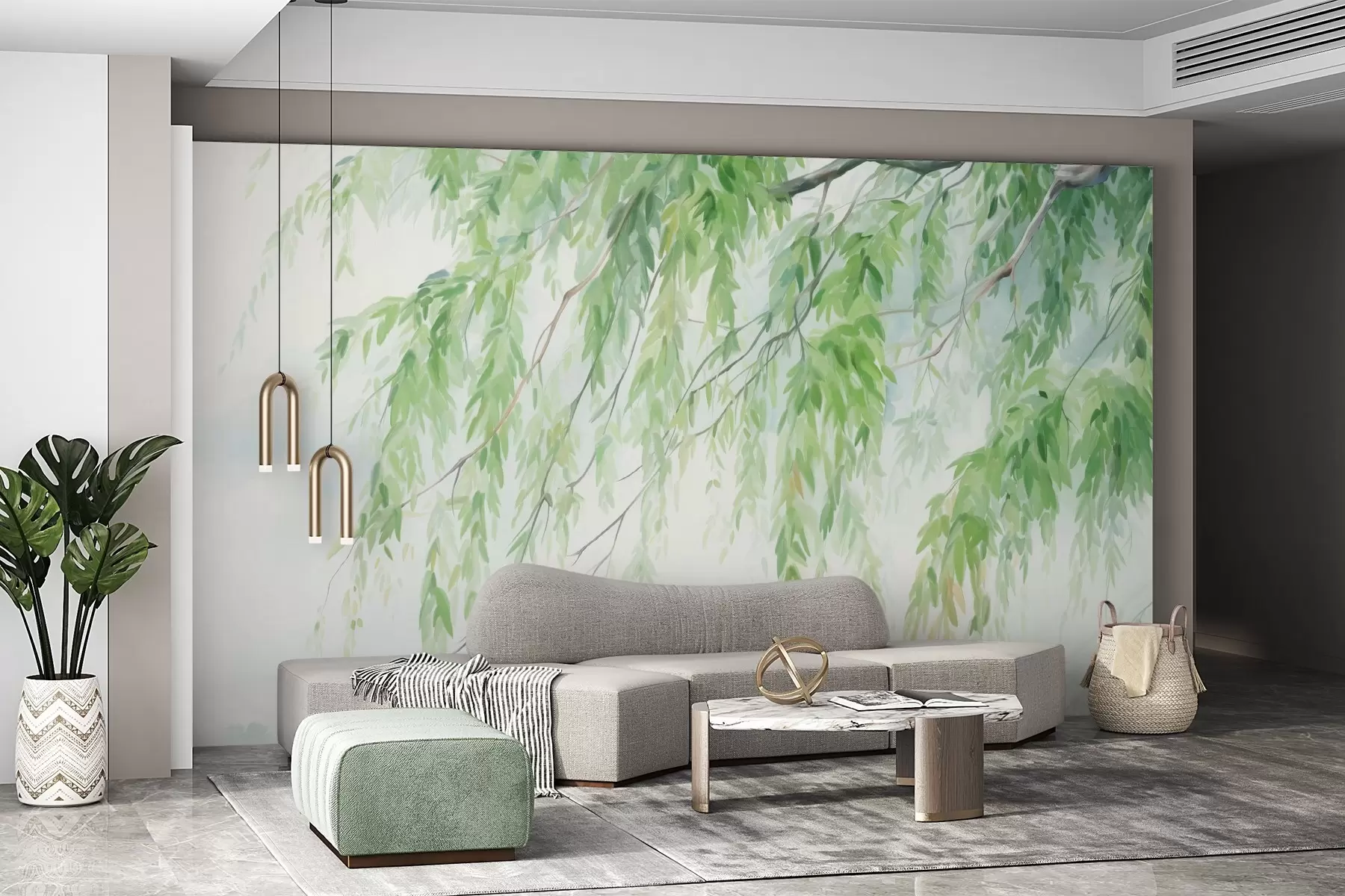 Papier peint Branches de saule pleureur avec feuilles vertes pendantes, coups de pinceau doux et délicats, style aquarelle w09365