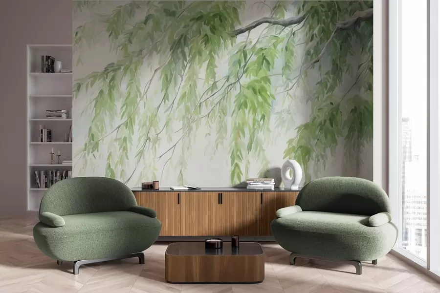 Papier peint Branches de saule pleureur avec feuilles vertes pendantes, coups de pinceau doux et délicats, style aquarelle w09365