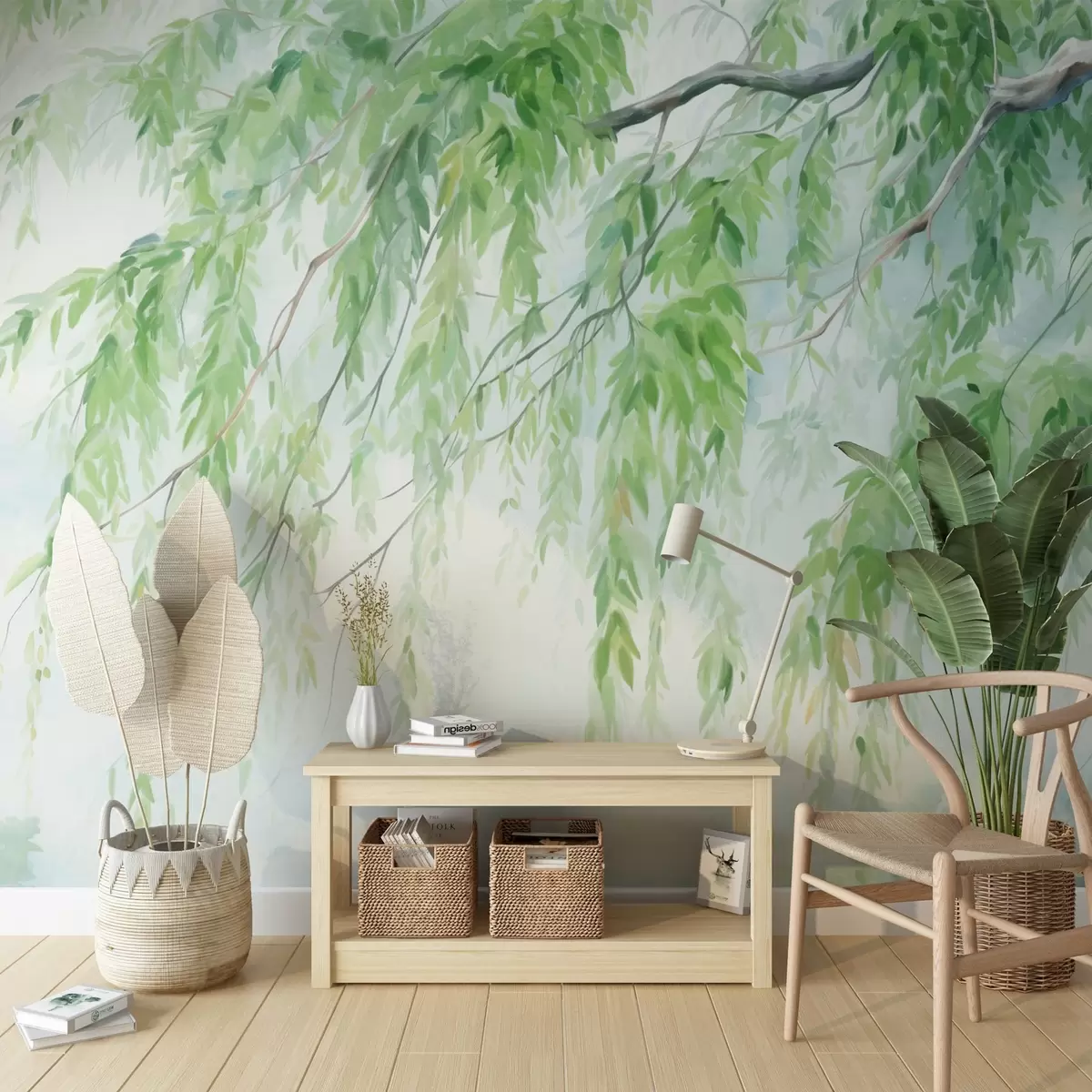 Papier peint Branches de saule pleureur avec feuilles vertes pendantes, coups de pinceau doux et délicats, style aquarelle w09365