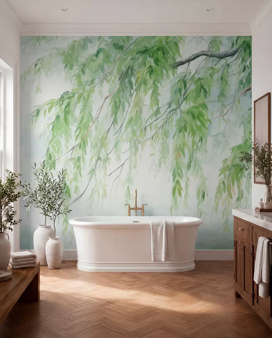 Papier peint Branches de saule pleureur avec feuilles vertes pendantes, coups de pinceau doux et délicats, style aquarelle w09365