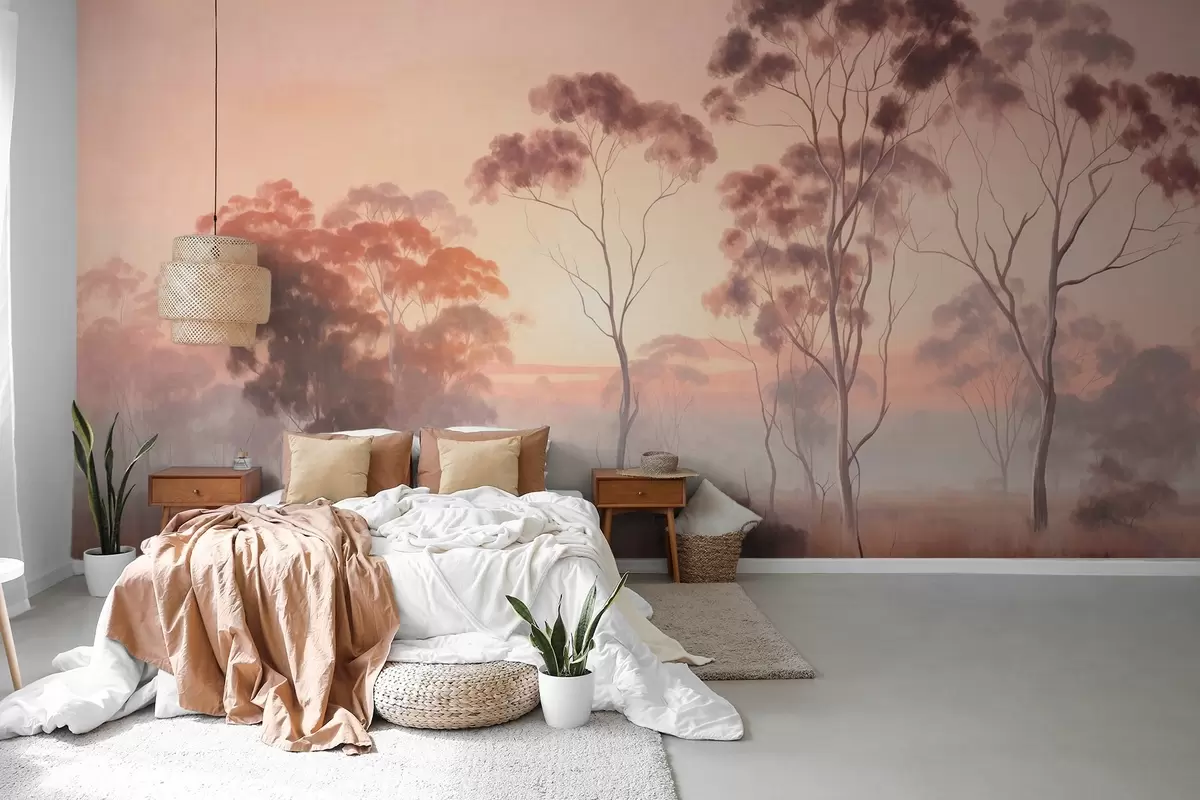 Papier peint Un paysage avec des eucalyptus dans un champ avec un ciel rose pastel et orange, une légère brume, peinture de style texturé w09367