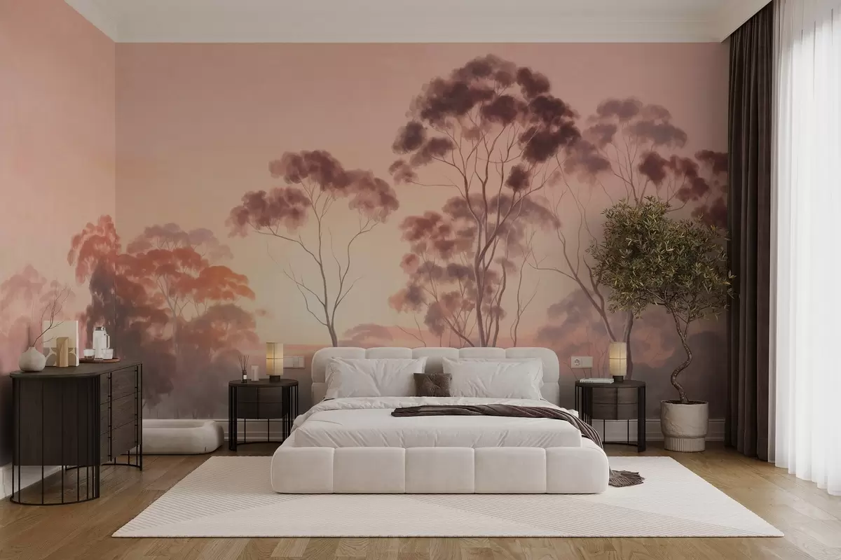Papier peint Un paysage avec des eucalyptus dans un champ avec un ciel rose pastel et orange, une légère brume, peinture de style texturé w09367