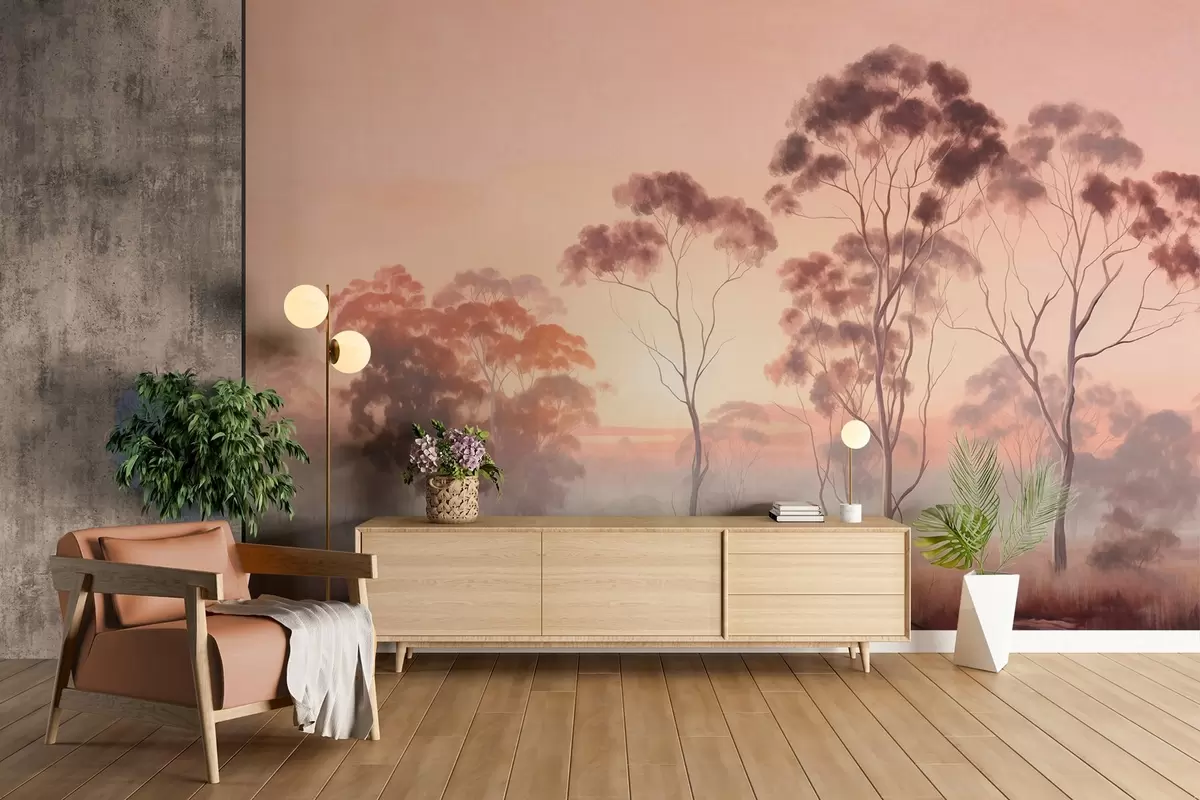 Papier peint Un paysage avec des eucalyptus dans un champ avec un ciel rose pastel et orange, une légère brume, peinture de style texturé w09367