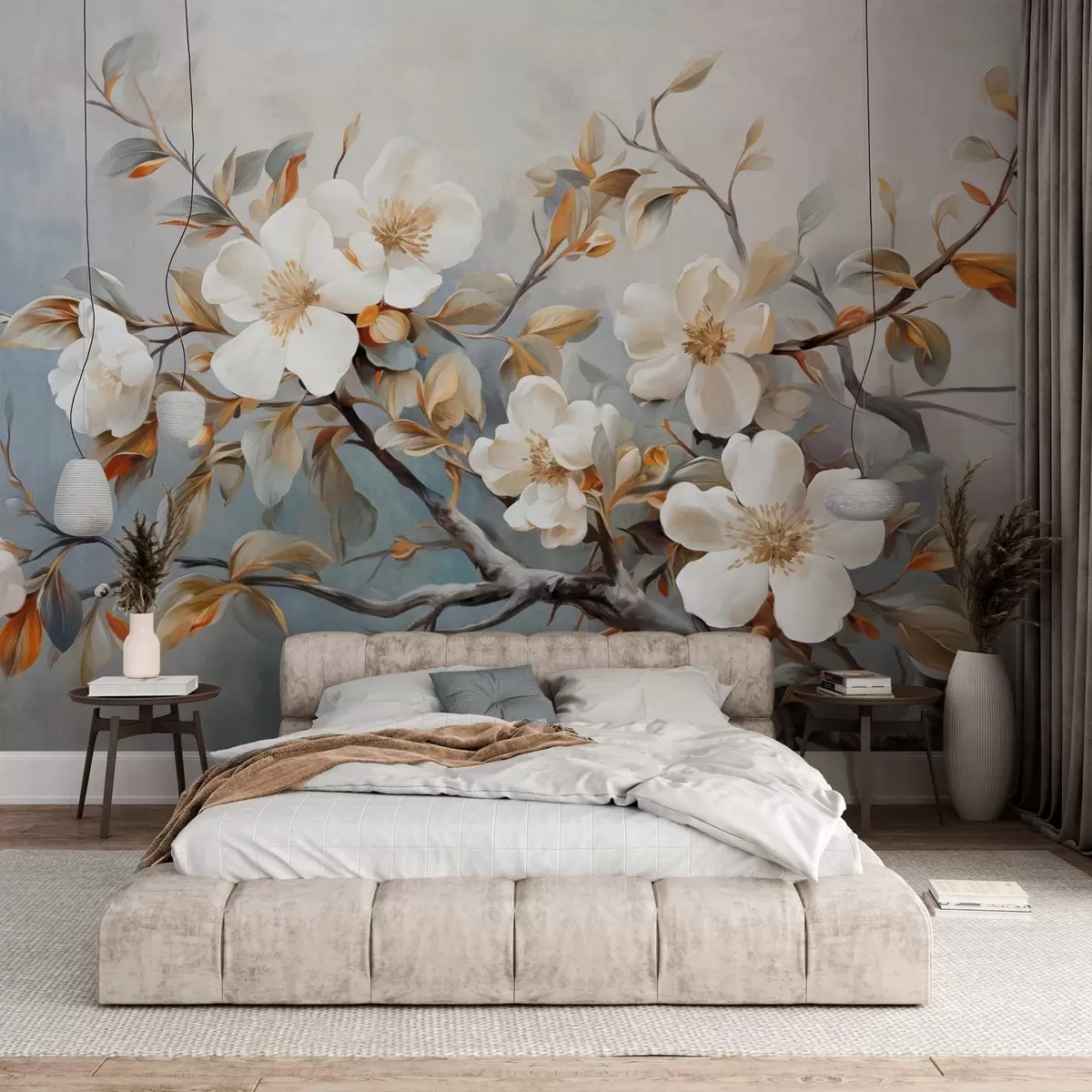 Papier peint Fleurs blanches avec pistils jaunes sur une branche d'arbre avec des feuilles, fond clair, style peinture vintage, impression texturée w09368