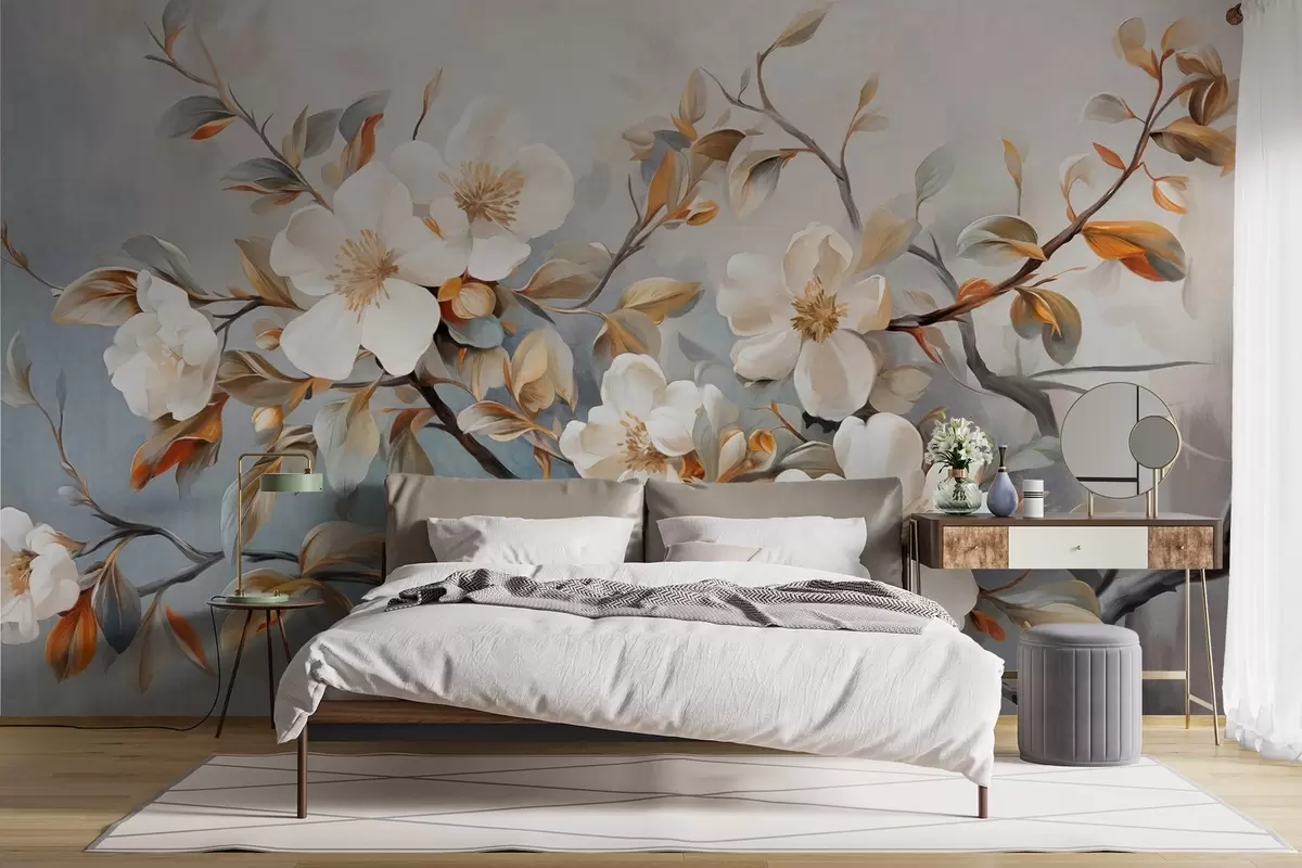 Papier peint Fleurs blanches avec pistils jaunes sur une branche d'arbre avec des feuilles, fond clair, style peinture vintage, impression texturée w09368