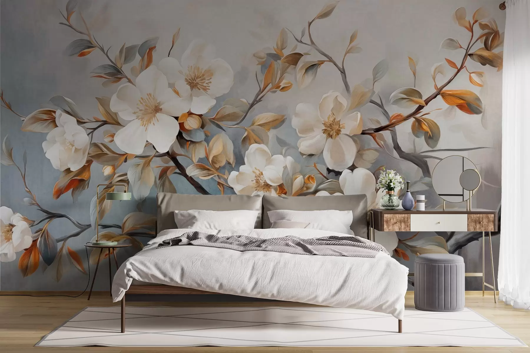 Papier peint Fleurs blanches avec pistils jaunes sur une branche d'arbre avec des feuilles, fond clair, style peinture vintage, impression texturée w09368