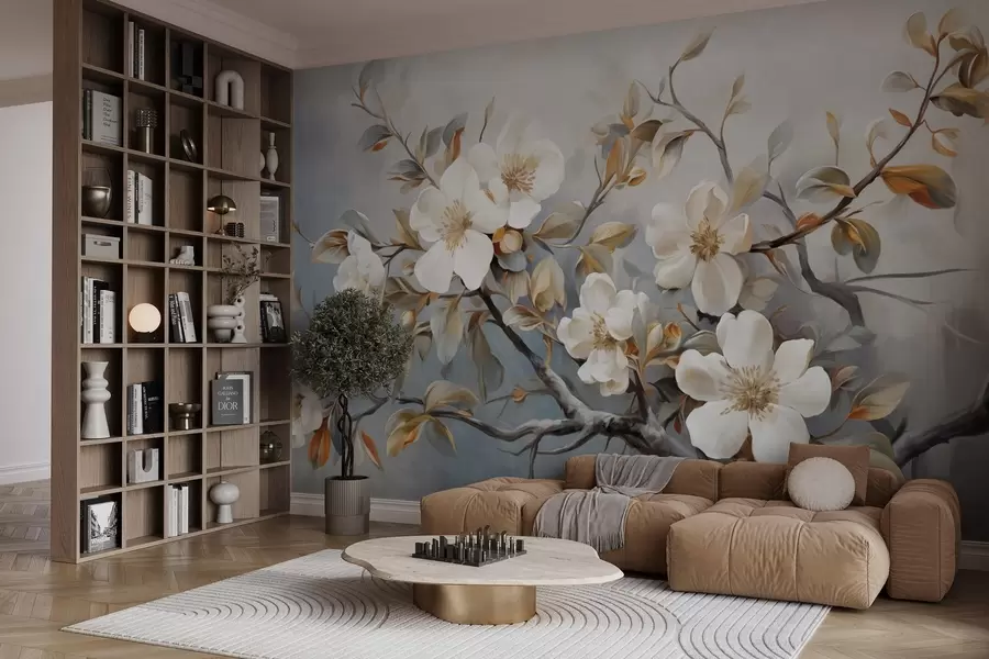 Papier peint Fleurs blanches avec pistils jaunes sur une branche d'arbre avec des feuilles, fond clair, style peinture vintage, impression texturée w09368