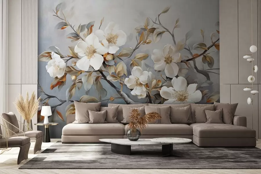 Papier peint Fleurs blanches avec pistils jaunes sur une branche d'arbre avec des feuilles, fond clair, style peinture vintage, impression texturée w09368