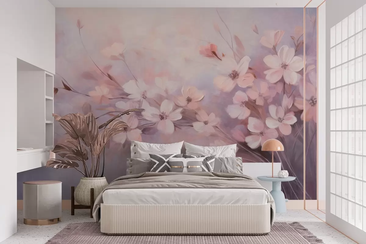Papier peint Arrangement floral composé de fleurs délicates aux contours doux et flous, sur un fond pastel aux teintes lavande et rose pâle w09369