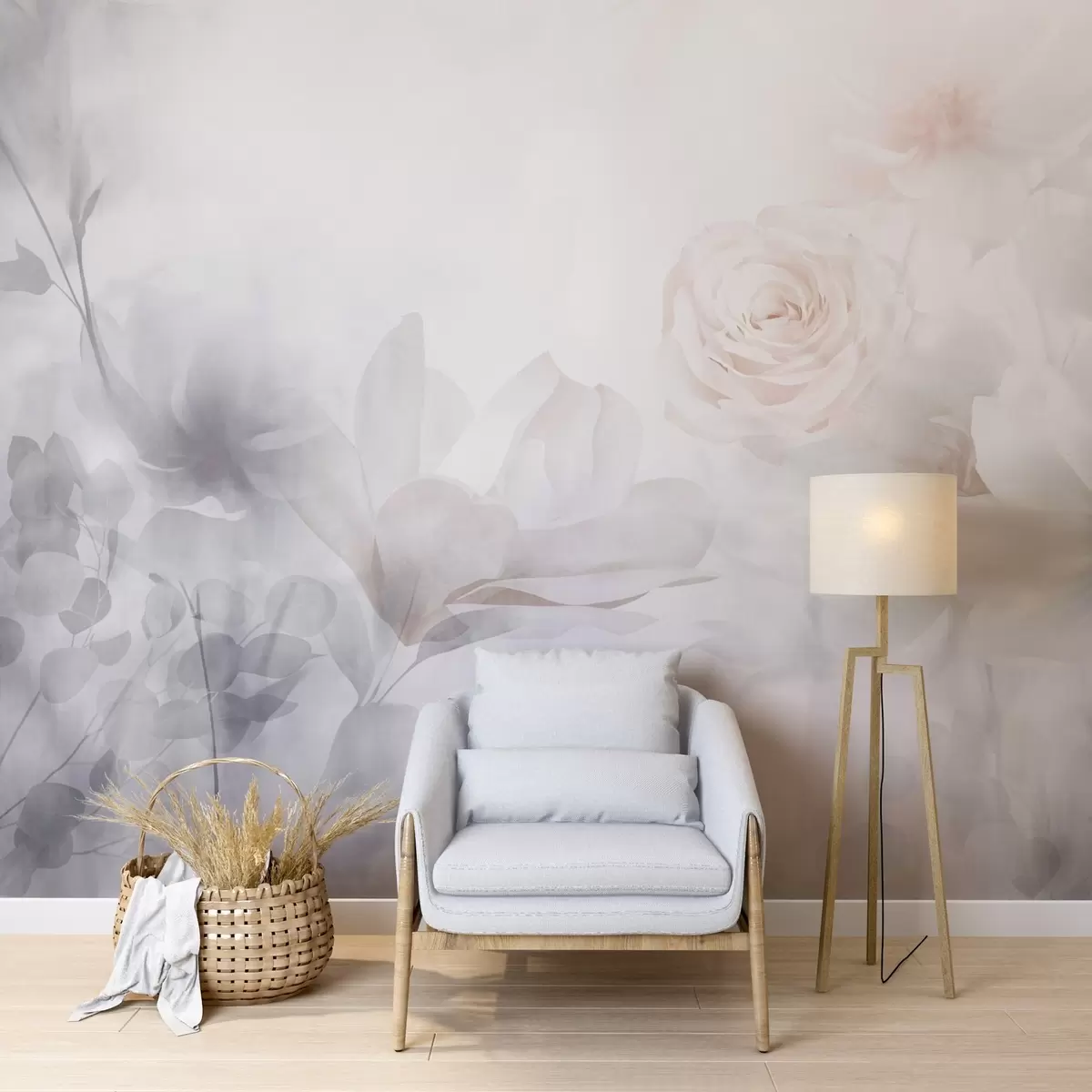 Papier peint Arrangement floral abstrait délicat avec des roses rose pastel et des magnolias, mise au point douce, arrière-plan gris clair w09371