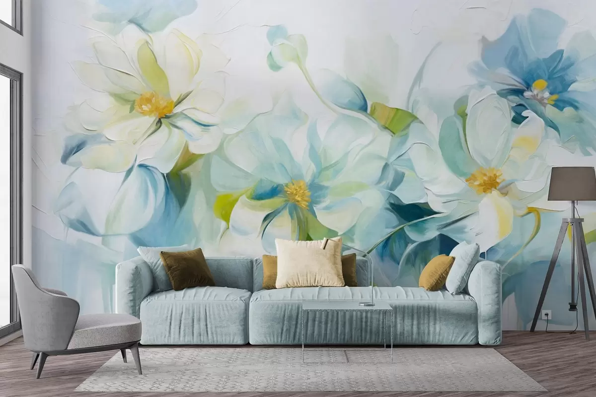 Papier peint Fleurs abstraites blanches et bleues avec pistils jaunes et feuilles vertes, sur fond blanc, style peinture texturée w09372