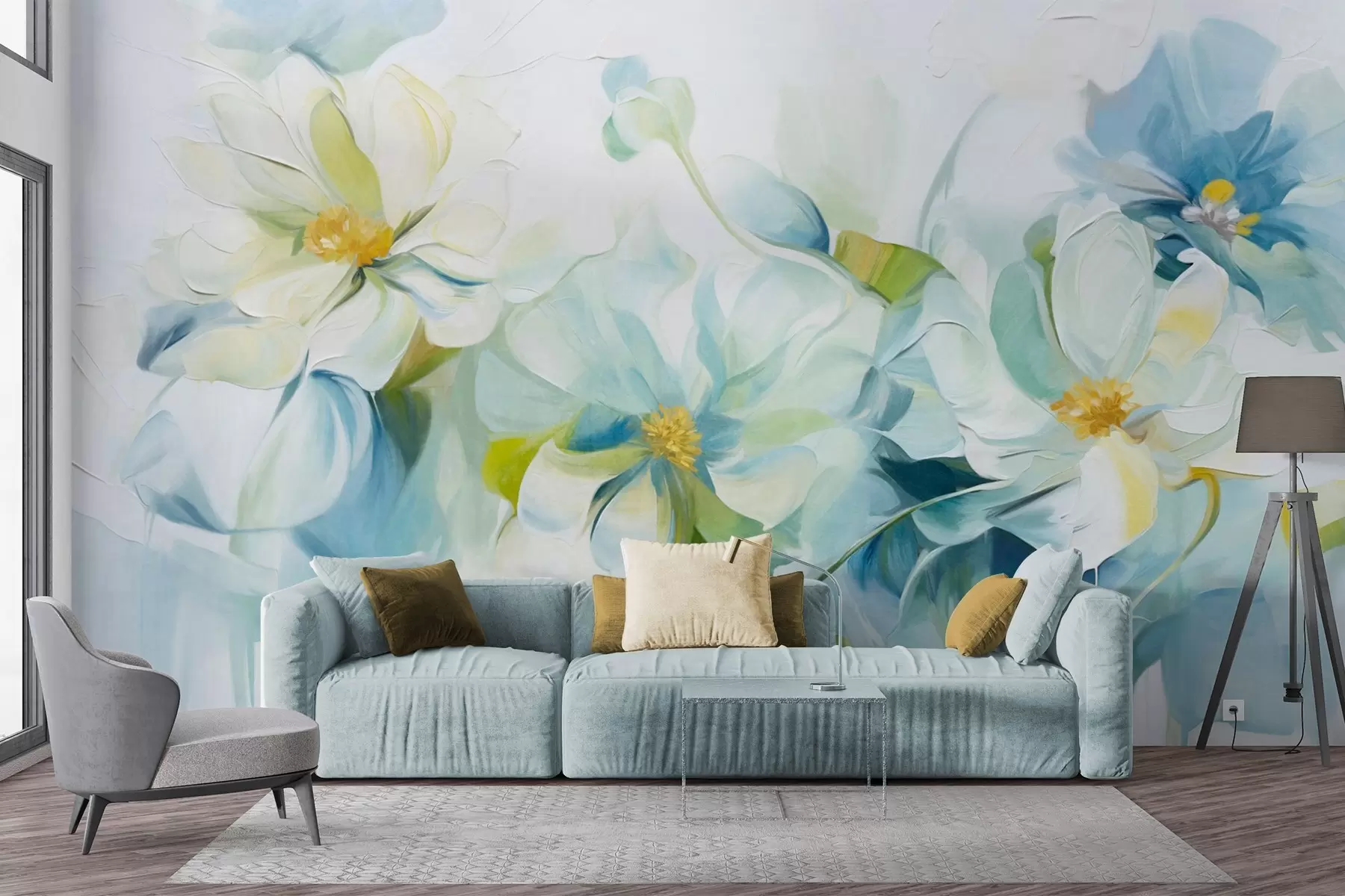 Papier peint Fleurs abstraites blanches et bleues avec pistils jaunes et feuilles vertes, sur fond blanc, style peinture texturée w09372