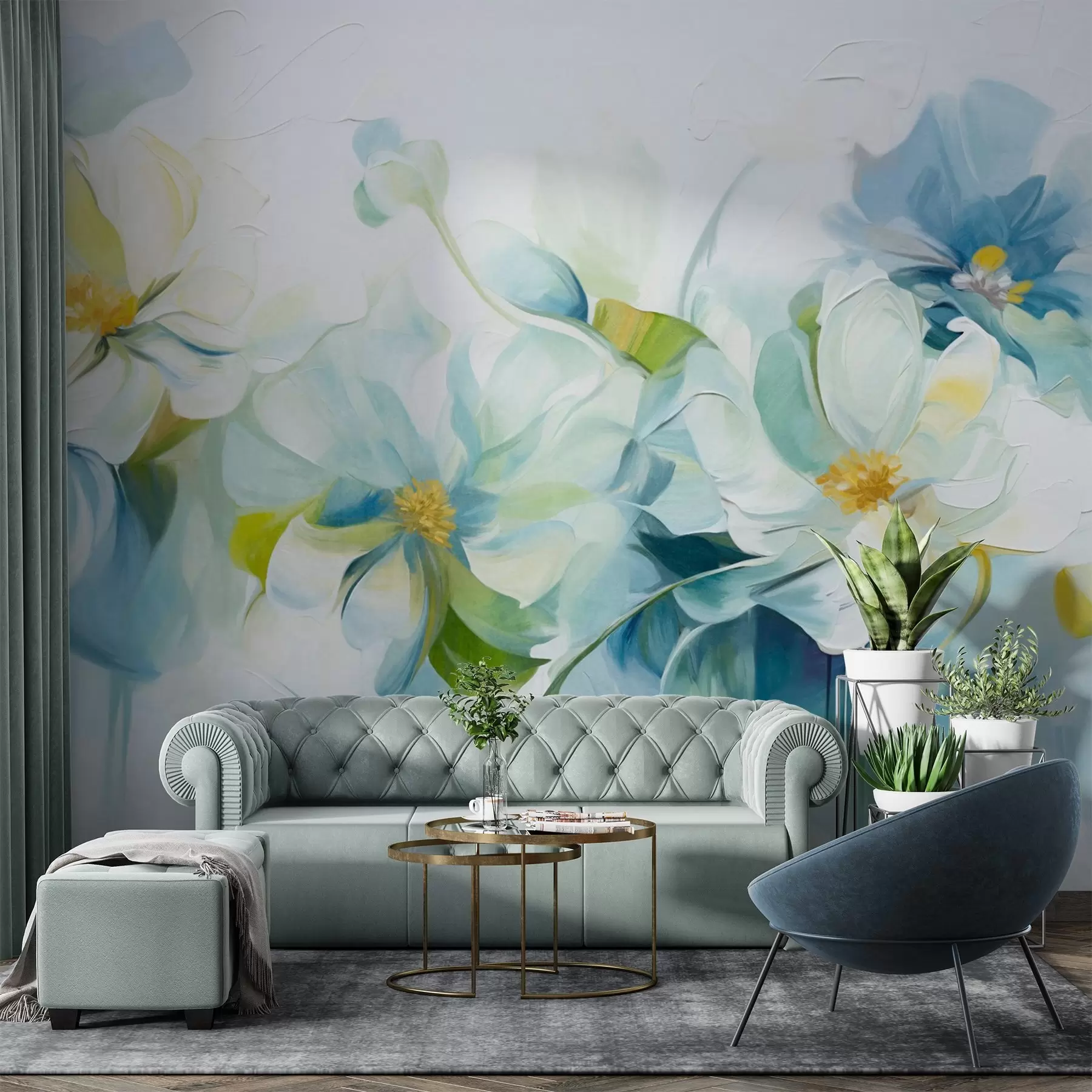 Papier peint Fleurs abstraites blanches et bleues avec pistils jaunes et feuilles vertes, sur fond blanc, style peinture texturée w09372