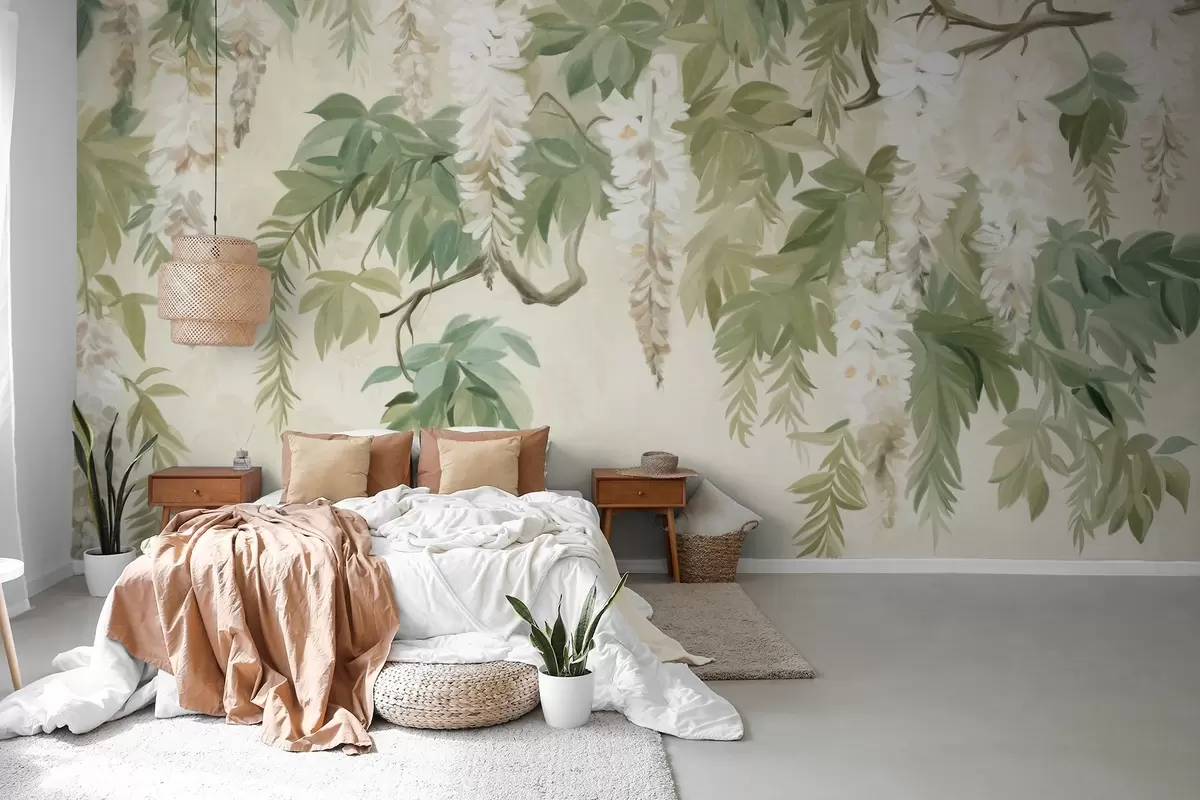 Papier peint Branches de glycine avec fleurs blanches et feuilles vertes, fond vert, style peinture vintage texturée w09375