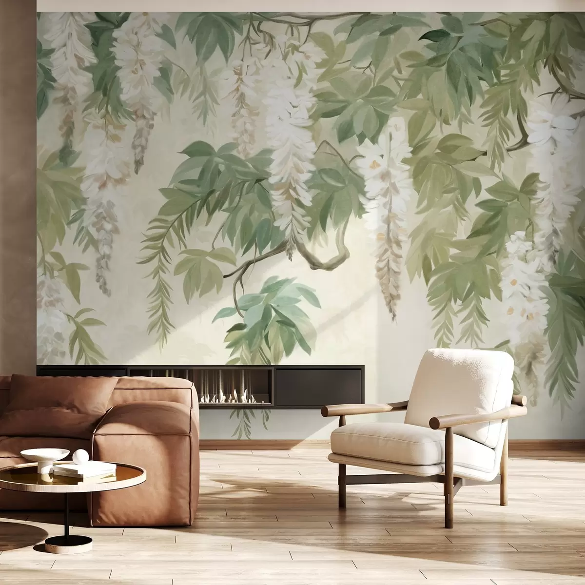 Papier peint Branches de glycine avec fleurs blanches et feuilles vertes, fond vert, style peinture vintage texturée w09375
