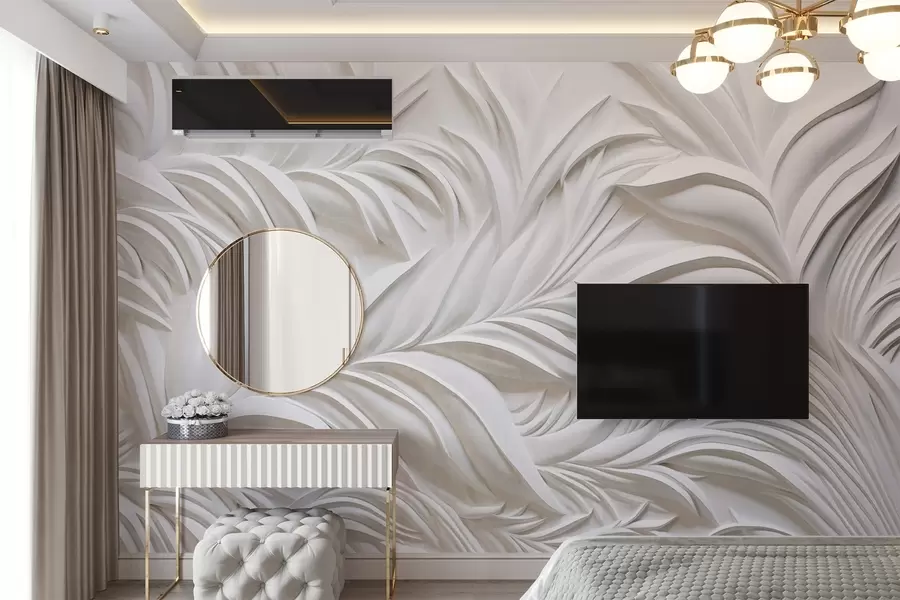 Papier peint Feuilles blanches texturées et éléments floraux abstraits, esthétique minimaliste w09378