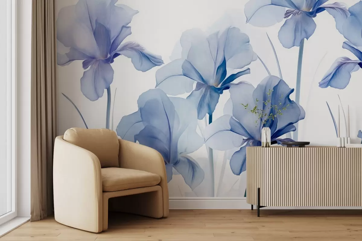 Papier peint Fleurs d'iris bleues aux pétales translucides et aux longues tiges, disposées en rang sur un fond bleu, doux et texturé w09379