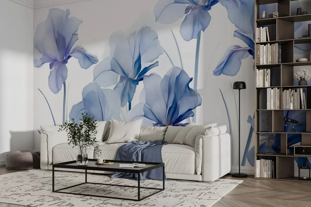 Papier peint Fleurs d'iris bleues aux pétales translucides et aux longues tiges, disposées en rang sur un fond bleu, doux et texturé w09379