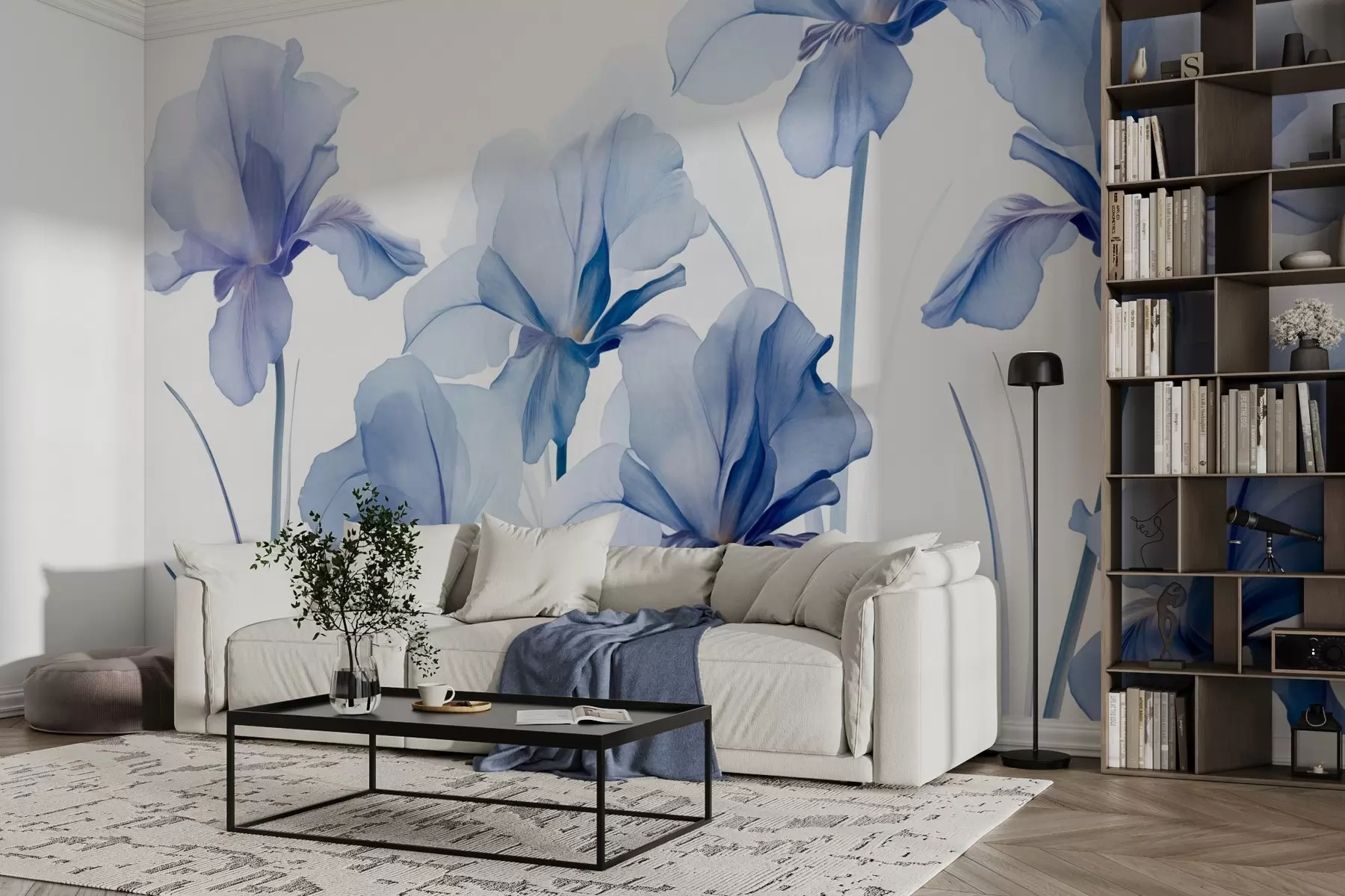 Papier peint Fleurs d'iris bleues aux pétales translucides et aux longues tiges, disposées en rang sur un fond bleu, doux et texturé w09379