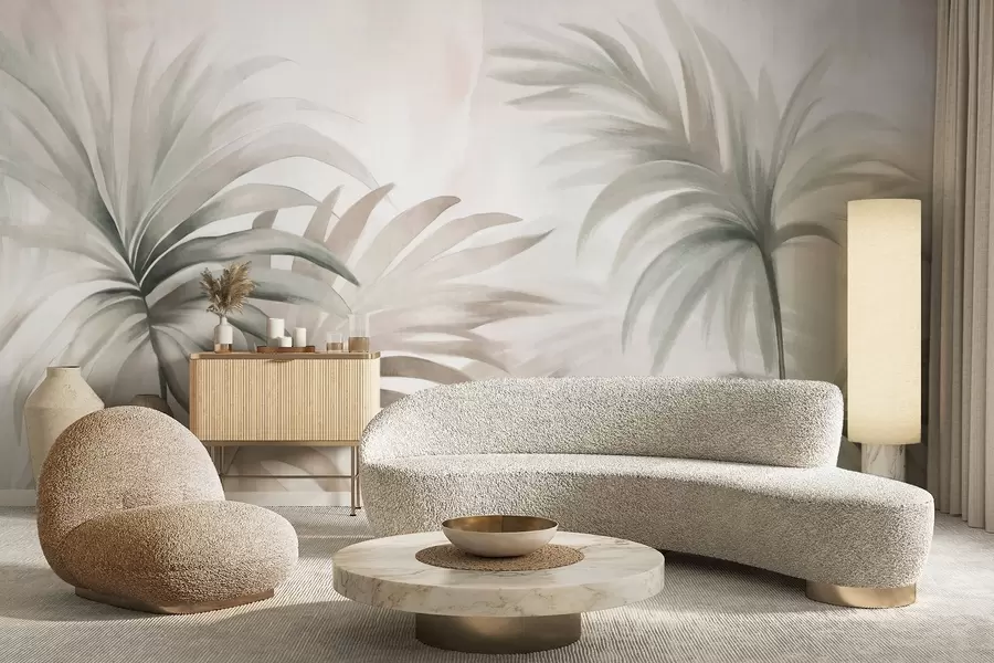 Papier peint Feuilles de palmier texturées dans des couleurs neutres, fond abstrait beige, coups de pinceau doux, feuillage tropical texturé w09380