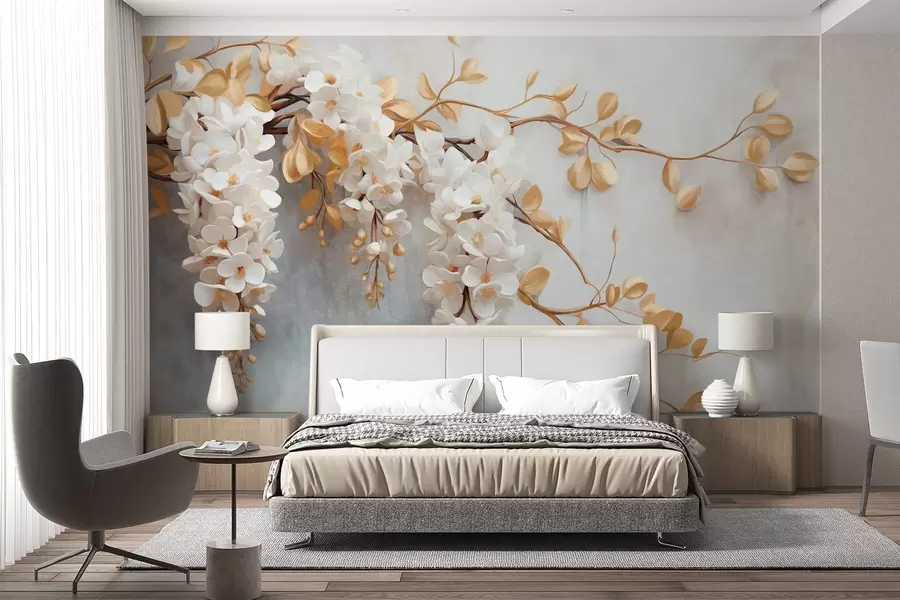 Papier peint Fleurs de glycine blanche avec feuilles jaunes sur une branche, tombant en cascade sur un fond blanc texturé, pétales délicats w09381