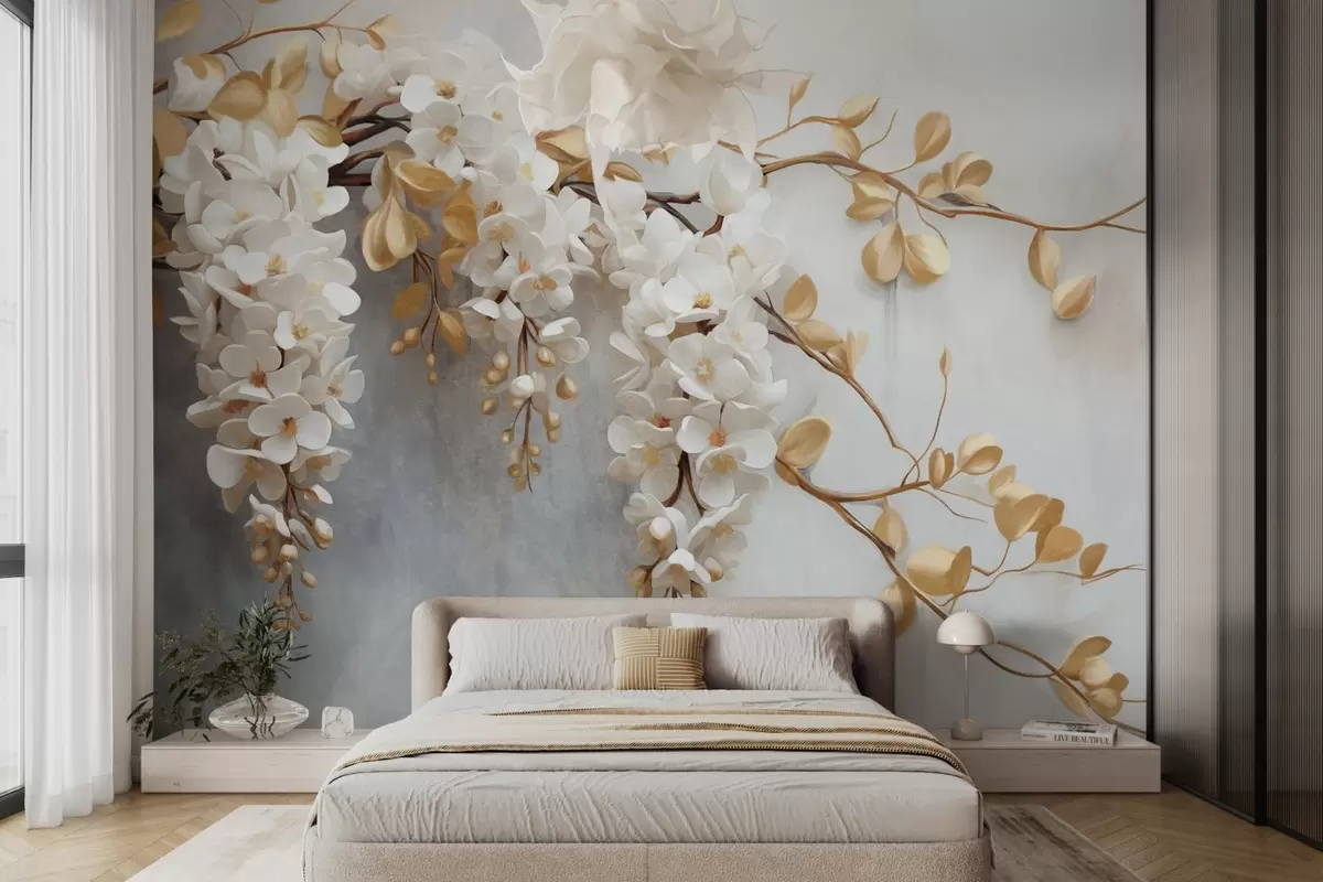 Papier peint Fleurs de glycine blanche avec feuilles jaunes sur une branche, tombant en cascade sur un fond blanc texturé, pétales délicats w09381