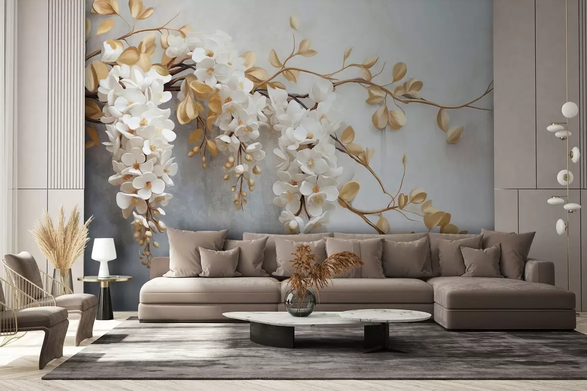 Papier peint Fleurs de glycine blanche avec feuilles jaunes sur une branche, tombant en cascade sur un fond blanc texturé, pétales délicats w09381