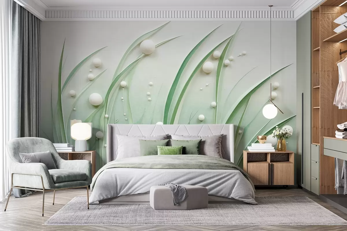 Papier peint Herbe verte abstraite avec des sphères blanches, fond vert clair, texturé, lignes épurées, style minimaliste w09382