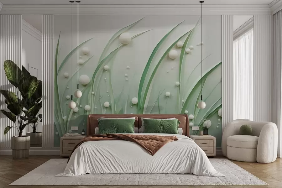 Papier peint Herbe verte abstraite avec des sphères blanches, fond vert clair, texturé, lignes épurées, style minimaliste w09382