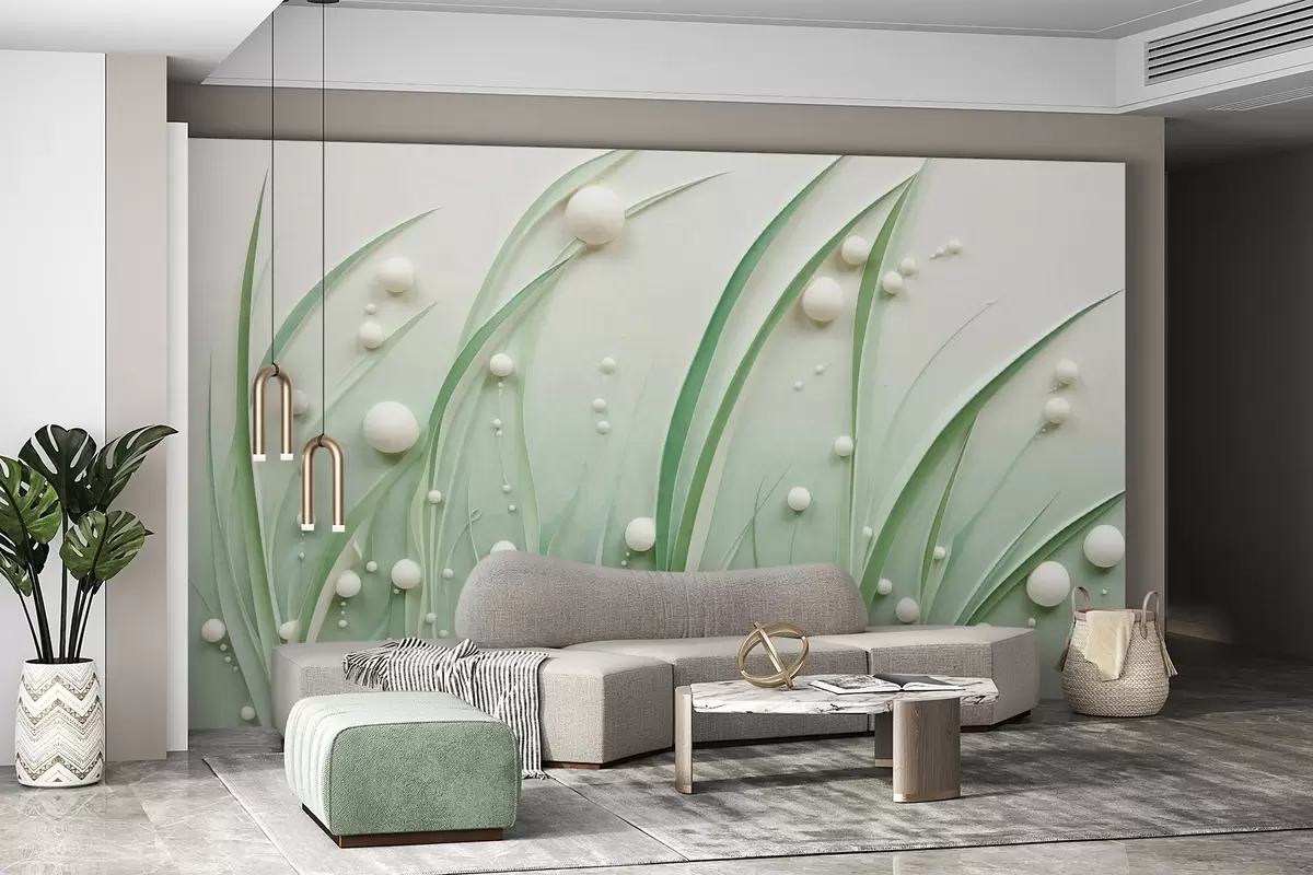 Papier peint Herbe verte abstraite avec des sphères blanches, fond vert clair, texturé, lignes épurées, style minimaliste w09382