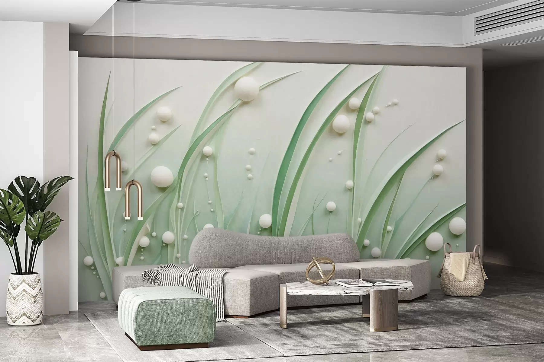 Papier peint Herbe verte abstraite avec des sphères blanches, fond vert clair, texturé, lignes épurées, style minimaliste w09382