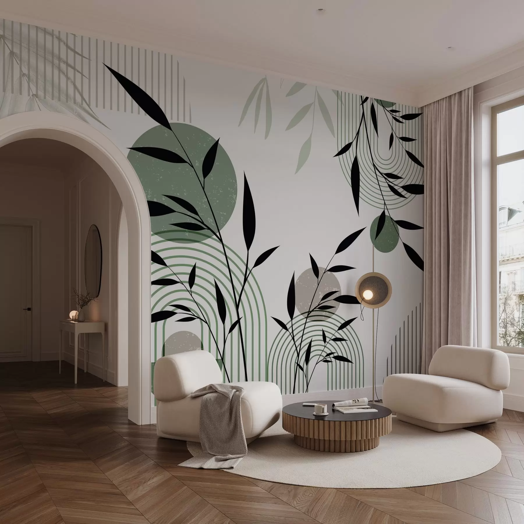 Papier peint Impression abstraite texturée avec des formes géométriques, des cercles et des arcs et des plantes noires et vertes sur un fond blanc w09384