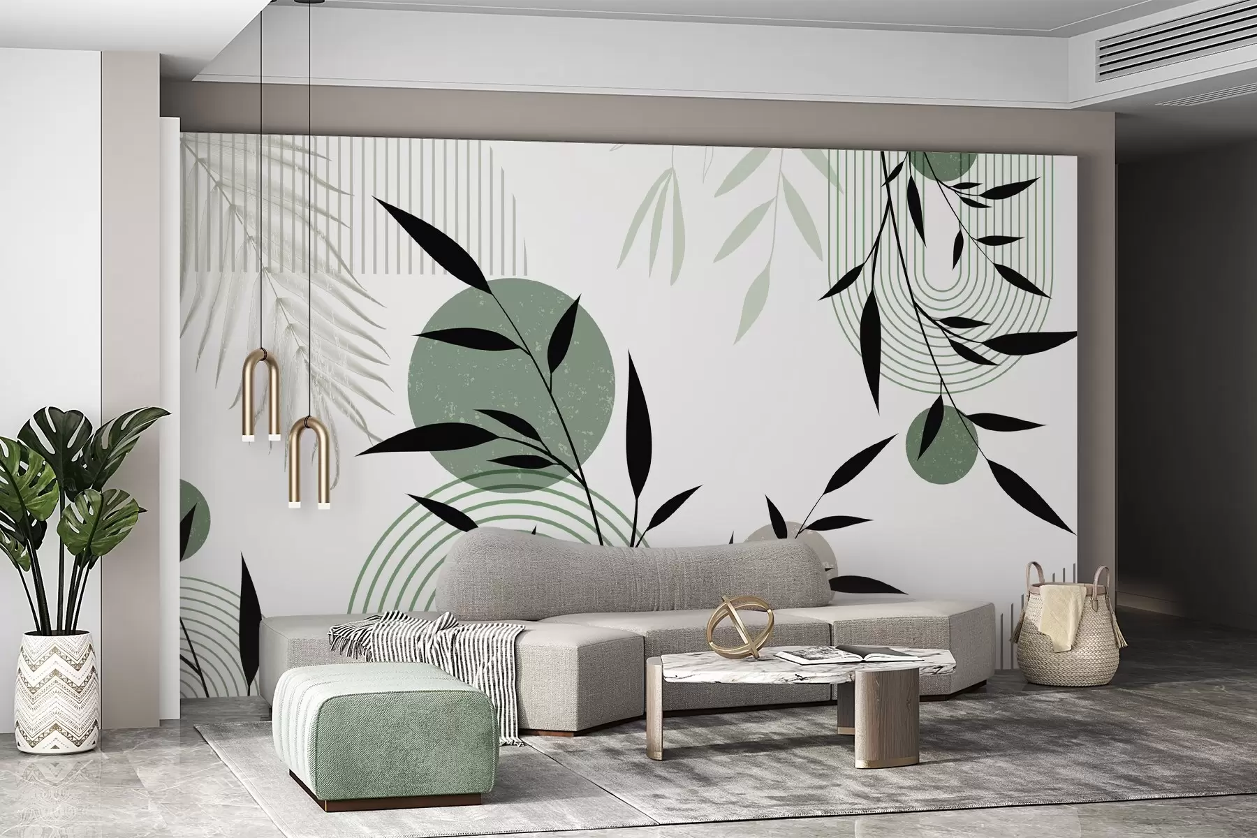 Papier peint Impression abstraite texturée avec des formes géométriques, des cercles et des arcs et des plantes noires et vertes sur un fond blanc w09384