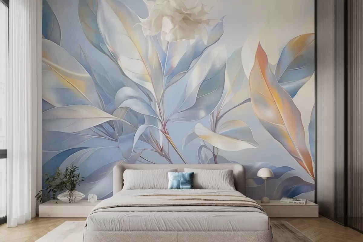 Papier peint Feuilles de magnolia aux tons blancs et bleus, éclairage doux, composition élégante, détails des nervures des feuilles, coups de pinceau artistiques w09385