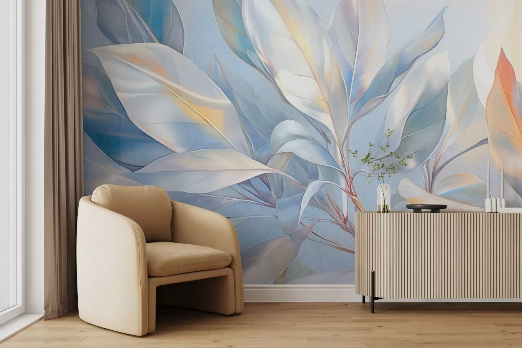 Papier peint Feuilles de magnolia aux tons blancs et bleus, éclairage doux, composition élégante, détails des nervures des feuilles, coups de pinceau artistiques w09385