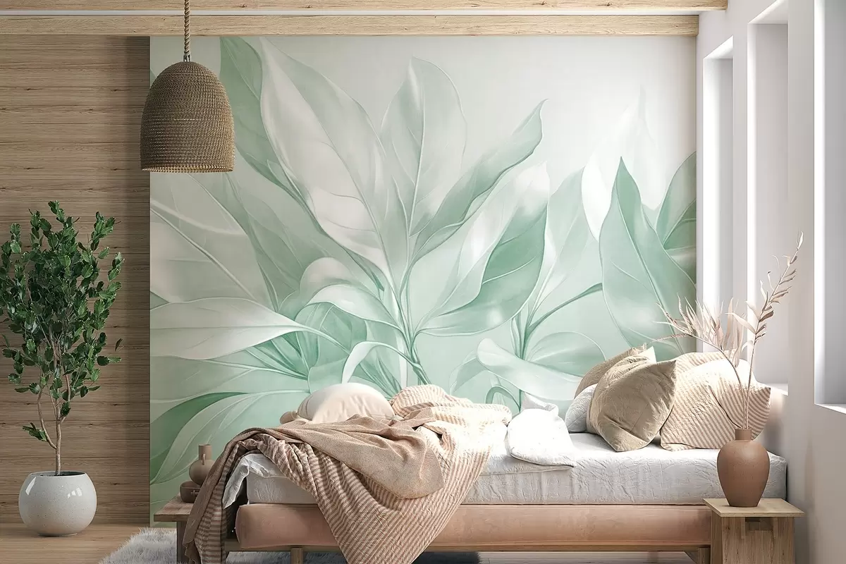Papier peint Feuilles de magnolia aux tons blancs et verts, éclairage doux, composition élégante, détails des nervures des feuilles, coups de pinceau artistiques w09385v1