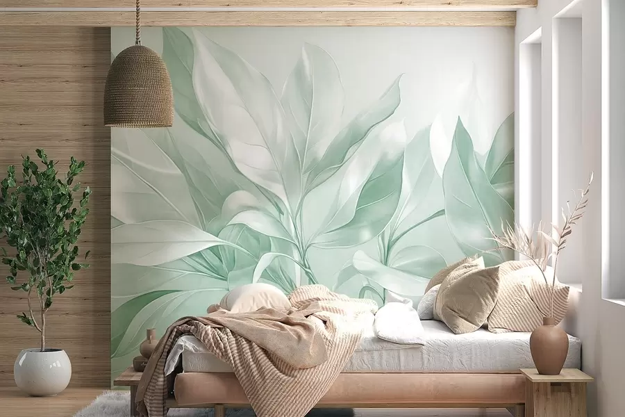 Papier peint Feuilles de magnolia aux tons blancs et verts, éclairage doux, composition élégante, détails des nervures des feuilles, coups de pinceau artistiques w09385v1
