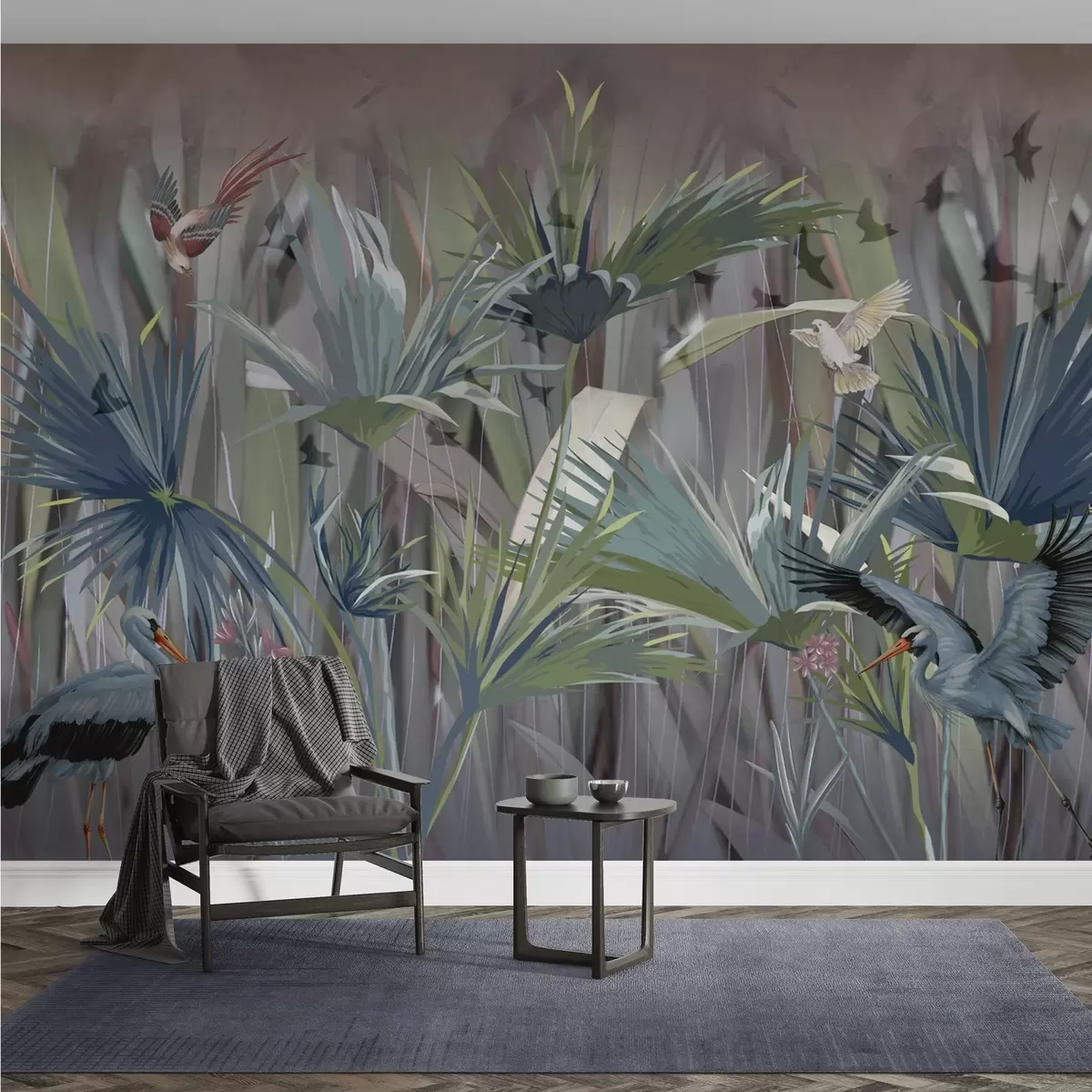 Papier peint Oiseaux exotiques parmi les feuilles de palmier et les fleurs w04458