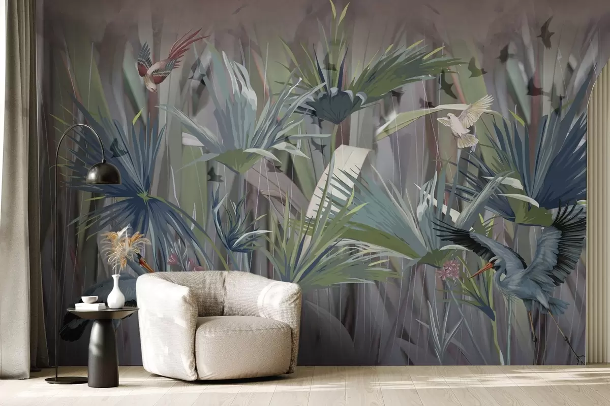 Papier peint Oiseaux exotiques parmi les feuilles de palmier et les fleurs w04458