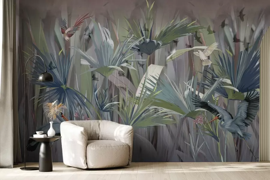 Papier peint Oiseaux exotiques parmi les feuilles de palmier et les fleurs w04458