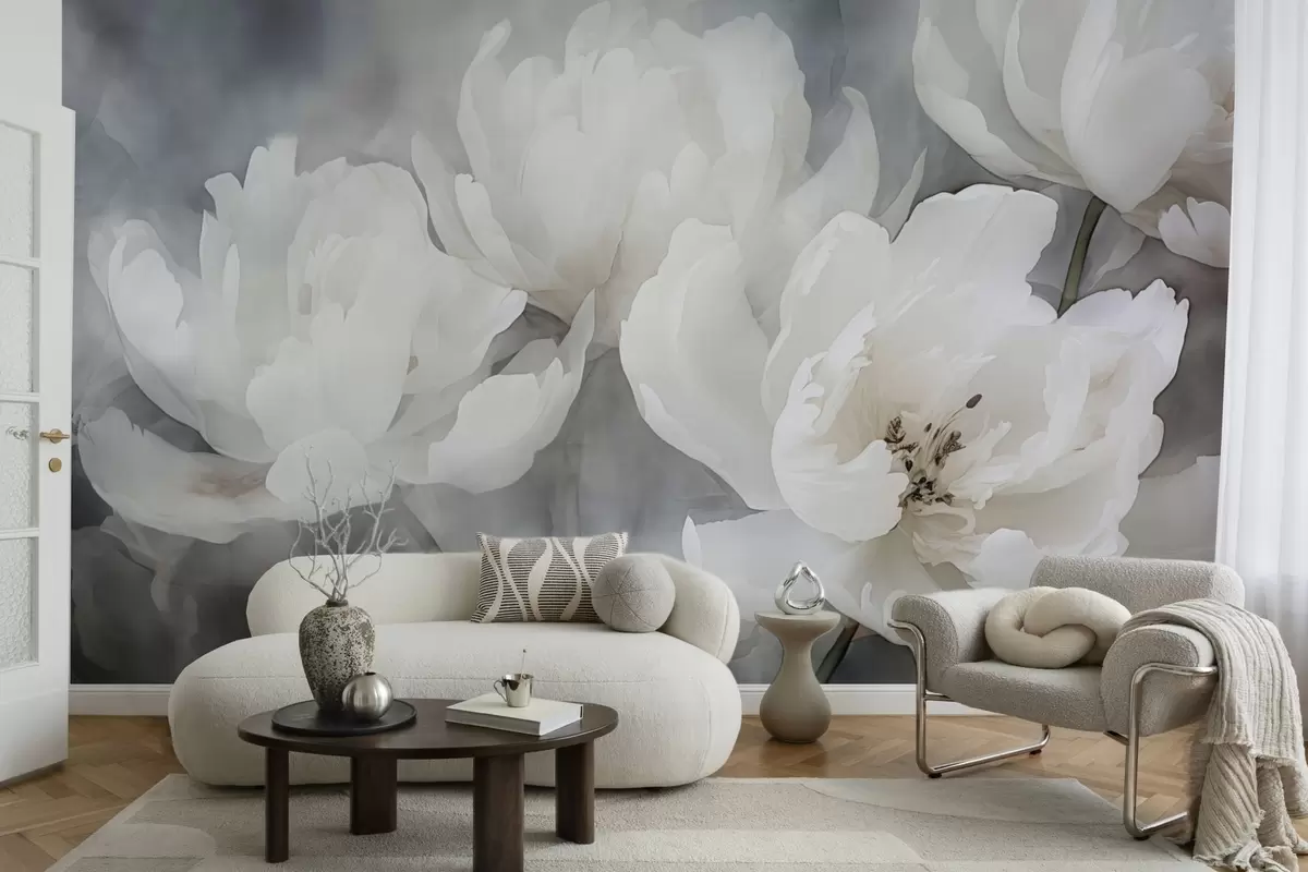 Papier peint Fleurs blanches sur un fond brumeux et délicat w04441