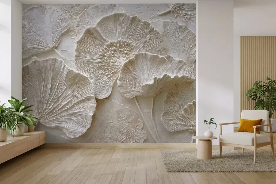 Papier peint Feuilles de ginkgo volumineuses dans un style légèrement gaufré w04444