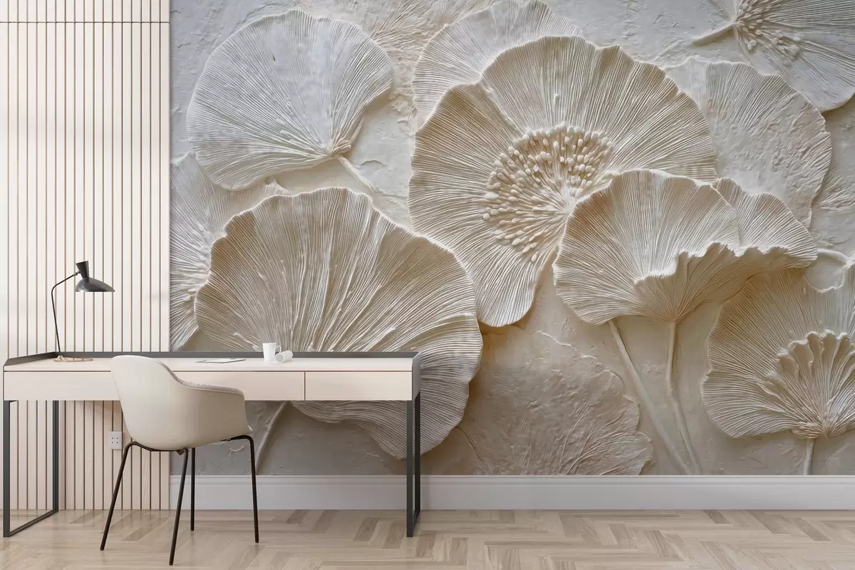 Papier peint Feuilles de ginkgo volumineuses dans un style légèrement gaufré w04444